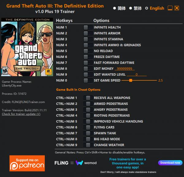 Grand.Theft.Auto.III.The.Definitive.Edition.v1.0.Plus.19.Trainer