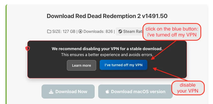 VPN warning message before download activation